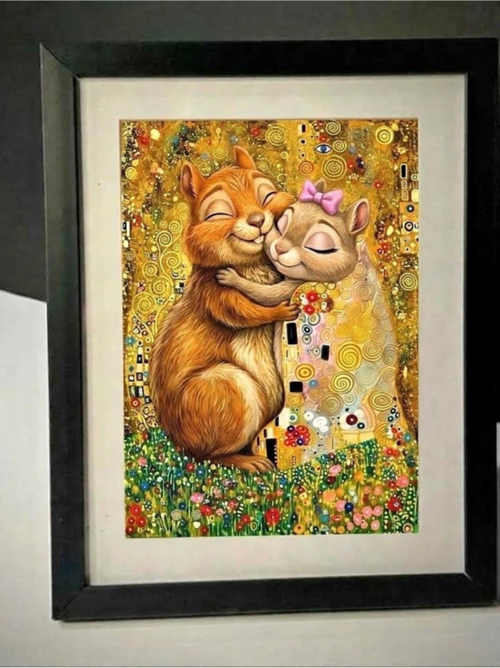 Cute Klimt-Inspired Chipmunk Couple Framed Print – Romantic Hug Art